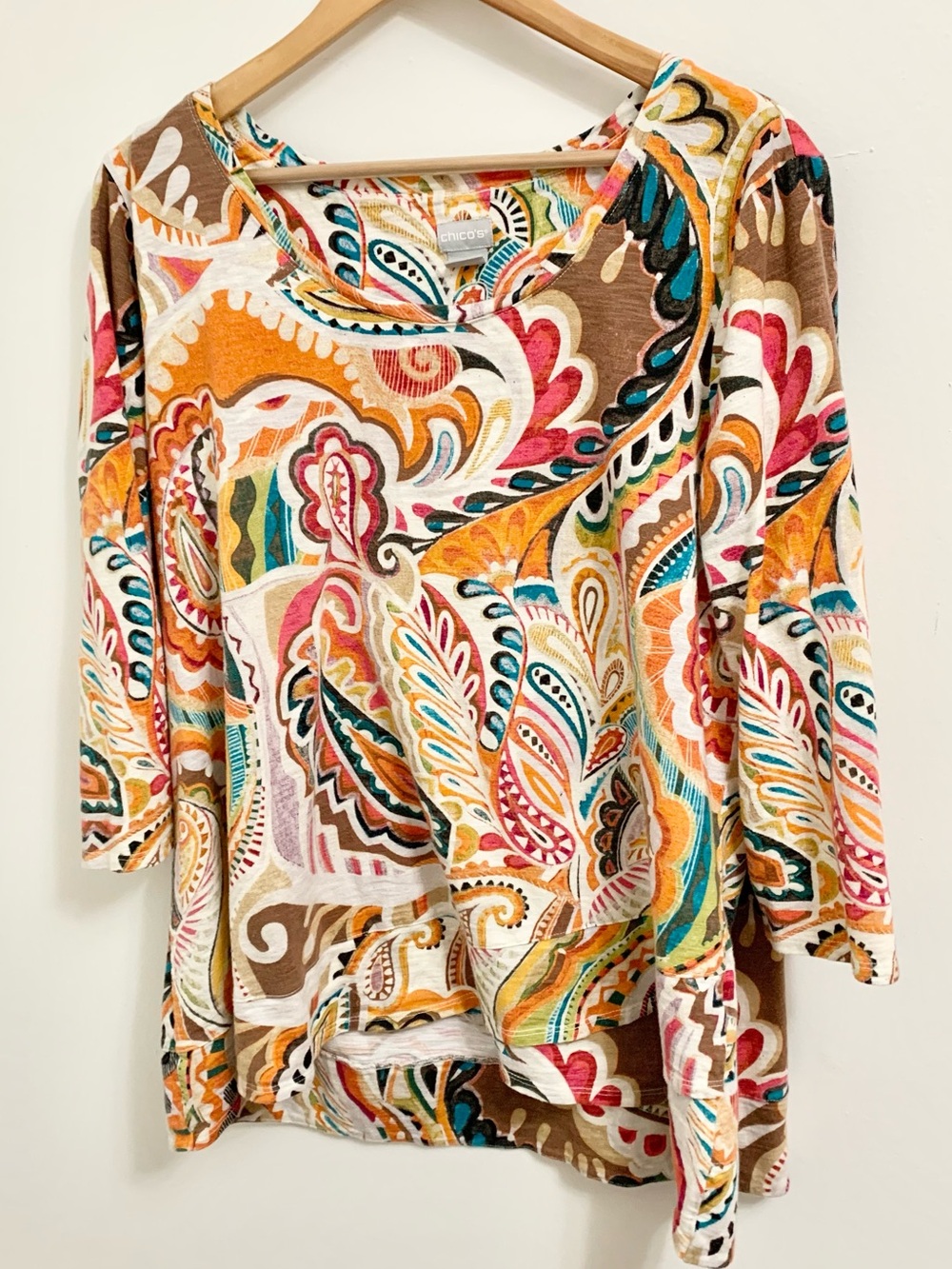 Chicos Paisley Scoop Neck 3/4 Sleeve Cotton Modal Top Blouse Shirt 3 - XL